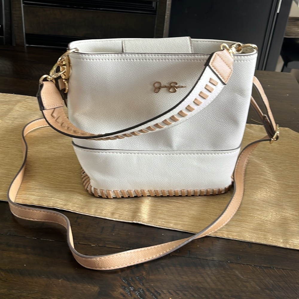 Jessica Simpson White and Tan Crossbody Bag with Leather Accents